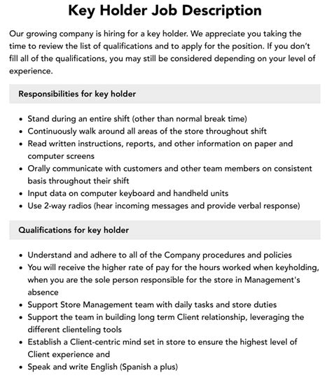 key holder job description template